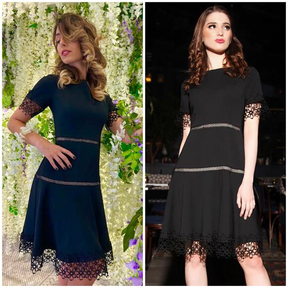 Shani NWT Lace-Trim Crepe Fit & Flare Dress Black Size 4 Crepe Career Wedding - Picture 2 of 10